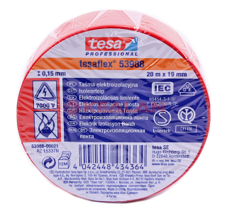 tesa 53988 Professional изоляционная лента, красная, ПВХ, 0,15 мм, 19 мм, 20 м.