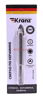 KRANZ KR-91-0645 cверло по стеклу и керамике 2 грани, шестигранный. хвостовик, 12 мм.
