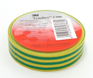 3M Temflex 1300 изолента желто-зеленая ПВХ, 0,13 мм, 15 мм, 10 м.