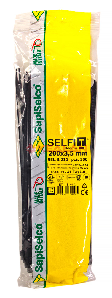 SapiSelco SEL.3.211R стяжки кабельные стандартные, черные, 200x3,5 мм, 100 шт.