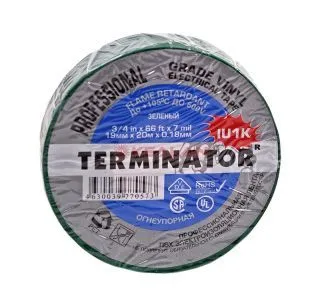 Terminator IU1K green изолента зеленая ПВХ, огнеупорная, всепогодная, 0,17 мм, 19 мм, 20 м.