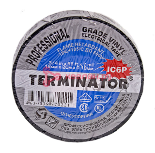 Terminator IC6P изолента черная ПВХ, супер премиум класса, огнеупорная, 0,18 мм, 19 мм, 20 м.