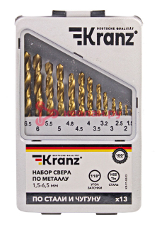 KRANZ KR-91-0633 набор сверл по металлу, 1,5-6,5 мм (через 0,5 мм, 3,2 мм,4,8 мм)