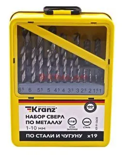 KRANZ набор сверл по металлу, 1-10 мм (через 0,5 мм), HSS, цилиндрический хвостовик, металлический к