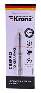 KRANZ KR-91-0642 cверло по стеклу и керамике 2 грани, шестигранный. хвостовик, 6 мм.