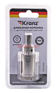 KRANZ KR-92-0008 коронка алмазная 25 мм, по керамограниту с центровочным сверлом 