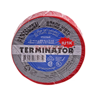 Terminator IU1K изолента красная ПВХ, огнеупорная, всепогодная, 0,17 мм, 19 мм, 20 м.