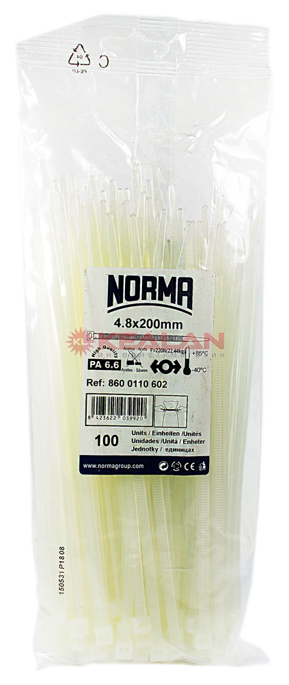 NORMA CT 200x4.8 хомут-стяжка полиамид 6.6, морозостойкий, белый, 100 шт.
