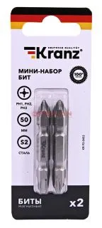 KRANZ мини-набор бит двусторонних PH2xPH2, PH1xPH3-50 мм (2 биты на блистере) 