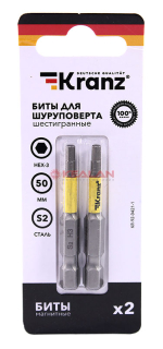 KRANZ бита шестигранная для шуруповерта HEX3х50 мм (2шт./уп.) 