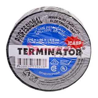 Terminator ICA8P изолента черная ПВХ, супер премиум класса, огнеупорная, 0,22 мм, 19 мм, 20 м.