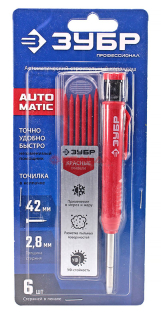 ЗУБР "ПРОФЕССИОНАЛ" 06311-3 автоматический строительный карандаш , красный, HB, 6 сменных грифелей