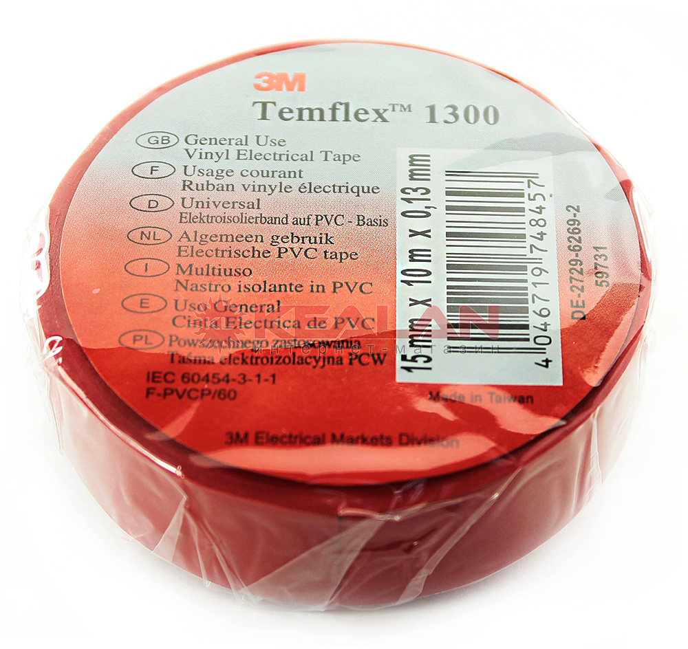 3M Temflex 1300 изолента красная ПВХ, 0,13 мм, 15 мм, 10 м.