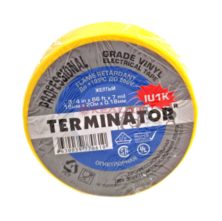 Terminator IU1K изолента желтая ПВХ, огнеупорная, всепогодная, 0,17 мм, 19 мм, 20 м.