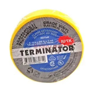 Terminator IU1K yellow изолента желтая ПВХ, огнеупорная, всепогодная, 0,17 мм, 19 мм, 20 м.