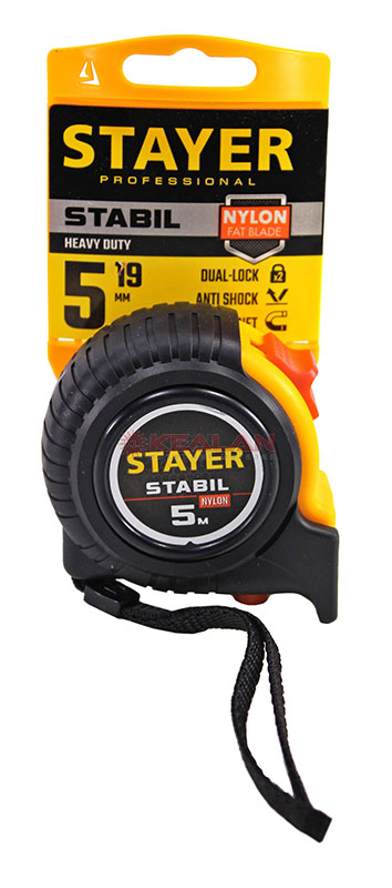 STAYER STABIL профессиональная рулетка в ударостойком обрезиненном корпусе с двумя фиксаторами, 5 м, 19 мм.
