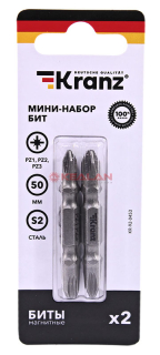 KRANZ мини-набор бит двусторонних PZ2xPZ2, PZ1xPZ3-50 мм (2 биты на блистере)