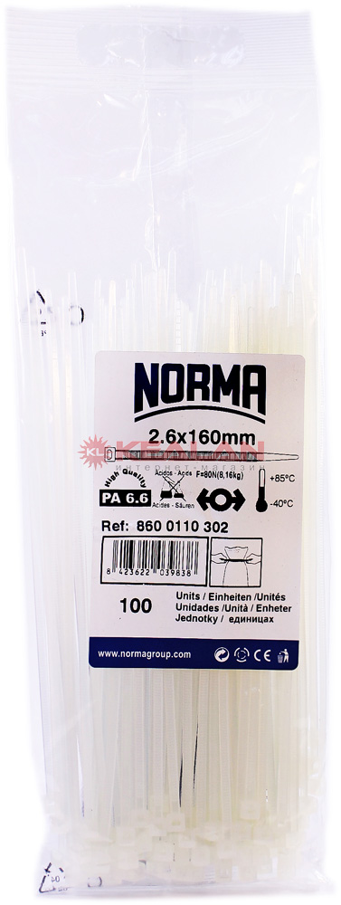 NORMA CT 160x2.6 хомут-стяжка полиамид 6.6, морозостойкий, белый, 100 шт.