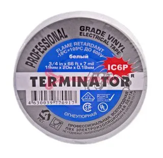 Terminator IC6P-white изолента белая ПВХ, супер премиум класса, огнеупорная, всепогодная, 19 мм, 20 