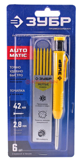 ЗУБР "ПРОФЕССИОНАЛ" 06311-5 автоматический строительный карандаш , желтый, HB, 6 сменных грифелей