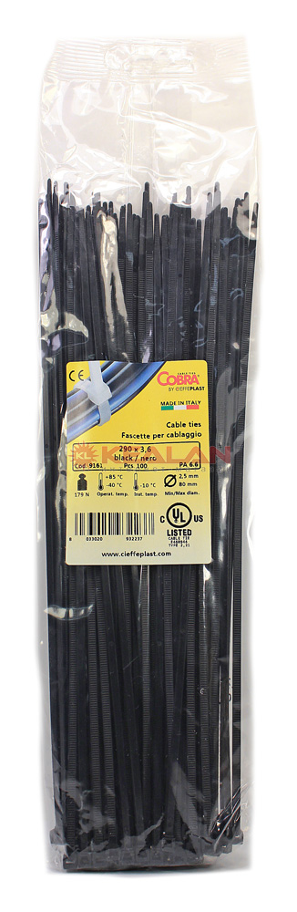 Cobra 290x3.6 стяжки кабельные, черные, морозостойкие, 100 шт.