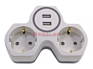 REXANT 11-1089 двойник белый электрический 16А с/з и защитными шторками + 2 USB порта, 2,4А.