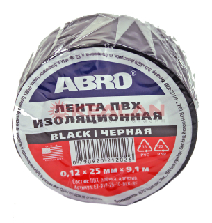 ABRO ET-912-25-10-BLK-RE изолента черная, 25 мм, 9,1 м.
