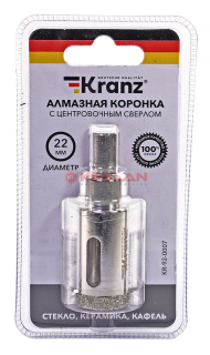 KRANZ коронка алмазная 22 мм, по керамограниту с центровочным сверлом 