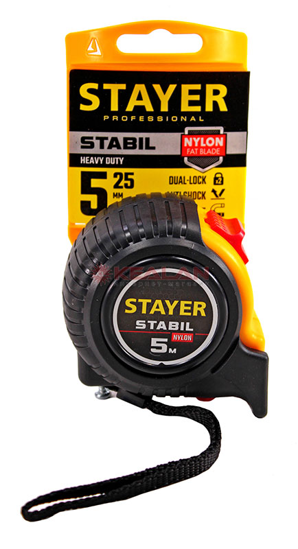STAYER STABIL профессиональная рулетка в ударостойком обрезиненном корпусе с двумя фиксаторами, 5 м, 25 мм.