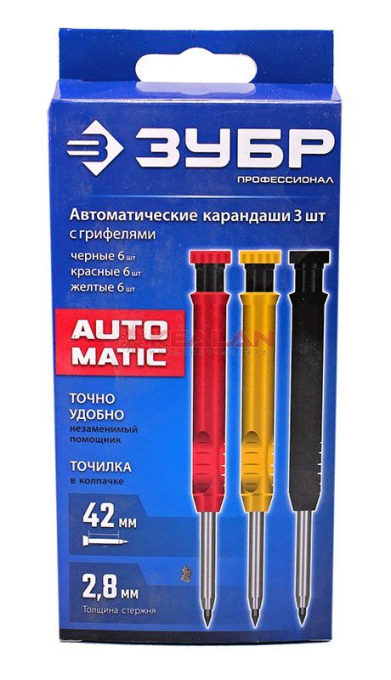 ЗУБР "ПРОФЕССИОНАЛ" 06312-H6 автоматический строительный карандаш, 6ч + 6ж + 6к, 18 шт.