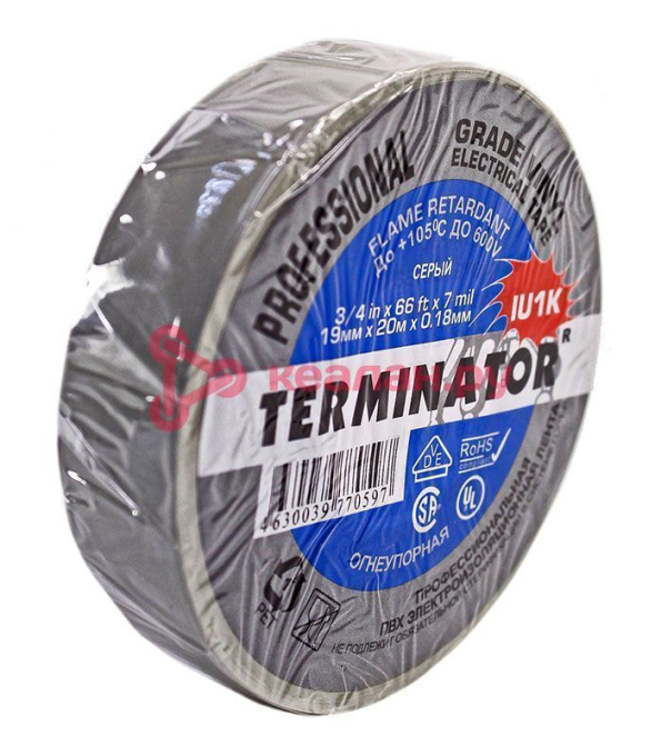 Terminator IU1K grey изолента серая ПВХ, огнеупорная, всепогодная, 0,18 мм, 19 мм, 20 м.