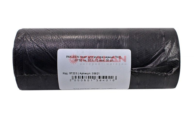 PAKLEEN пакет для мусора черный ПНД, 60*50 см, 30 л, 12 мкм, 30 шт.