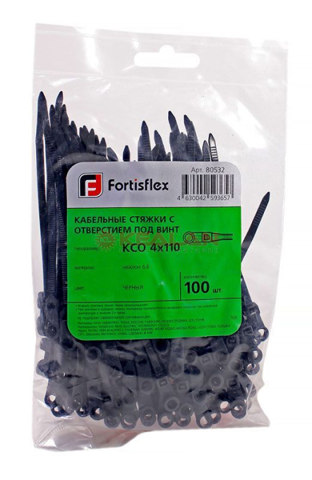 Fortisflex 110x3.5 стяжка нейлоновая с отверстием под винт черная, 100 шт.