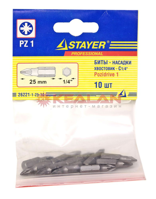 STAYER "PROFI" биты, хвостовик C 1/4", PZ №1, 25 мм, 10 шт