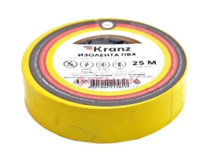 KRANZ изолента желтая, 0.13 мм, 19 мм, 25 м.