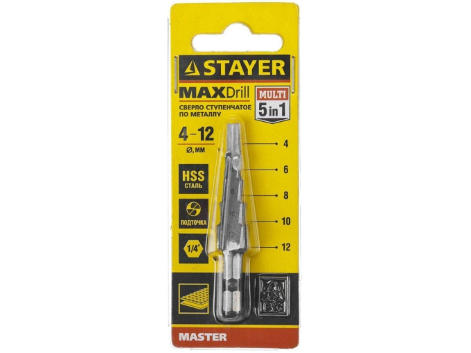 STAYER "MASTER" сверло ступенчатое по сталям и цвет.мет., сталь HSS, d=4-12мм,5ступ.d 4-6-8-10-12,L-