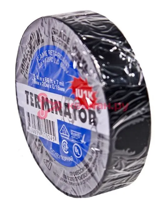 Terminator IU1K black изолента черная ПВХ, огнеупорная, всепогодная, 0,17 мм, 19 мм, 20 м.