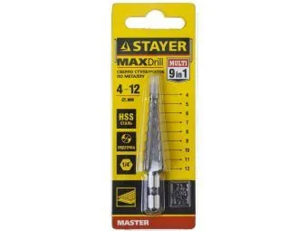 STAYER "MASTER" сверло ступенчатое по сталям и цвет.мет., сталь HSS, d=4-12мм, 9ступ.d 4-12, L- 65 м