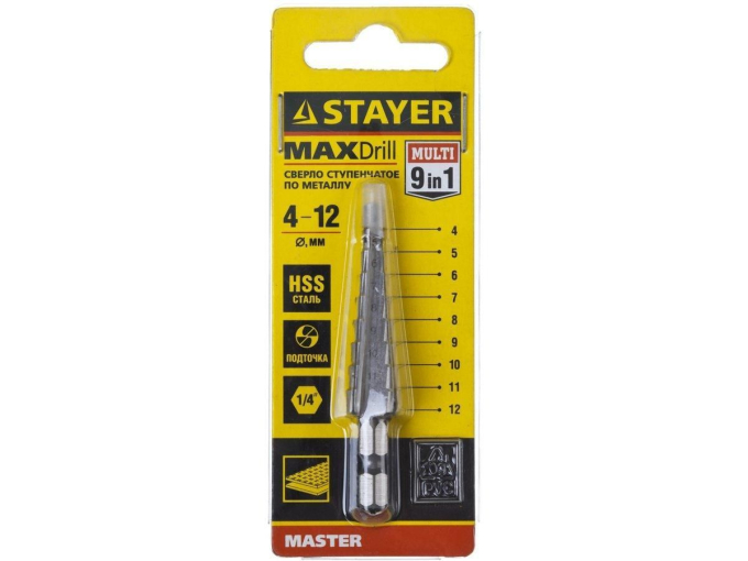 STAYER "MASTER" сверло ступенчатое по сталям и цвет.мет., сталь HSS, d=4-12мм, 9ступ.d 4-12, L- 65 м