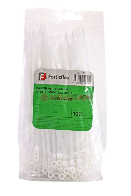 Fortisflex 220x4.5 стяжка нейлоновая с отверстием под винт белая, 100 шт.