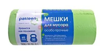 PAKLEEN пакет для мусора зеленый ПНД, 60*80 см, 60 л, 15 мкм, 30 шт.