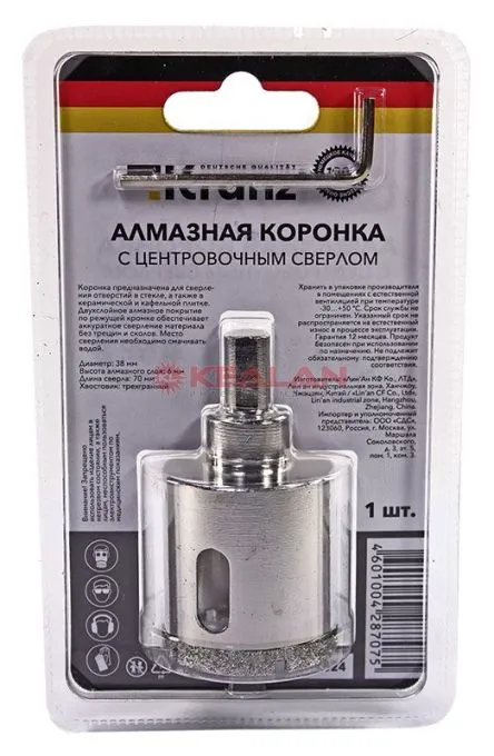 KRANZ KR-92-0027 коронка алмазная 38 мм, по керамограниту с центровочным сверлом