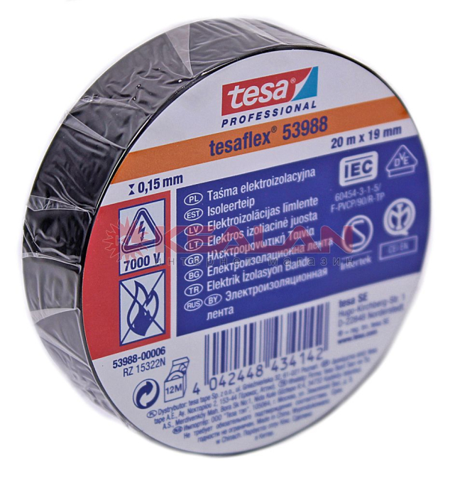 tesa 53988 Professional изоляционная лента, черная, ПВХ, 0,15 мм, 19 мм, 20 м.