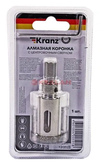 KRANZ коронка алмазная 22 мм, по керамограниту с центровочным сверлом 