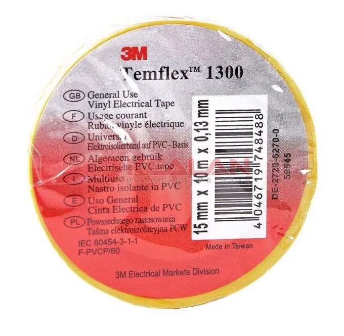 3M Temflex 1300 изолента желтая ПВХ 15 мм, 10 м.