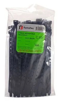 Fortisflex 200x10 стяжка нейлоновая с отверстиями под винт черная, 100 шт.