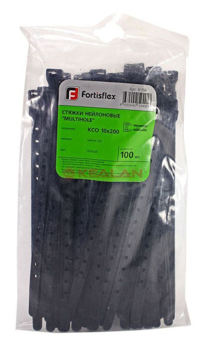 Fortisflex 200x10 стяжка нейлоновая с отверстиями под винт черная, 100 шт.