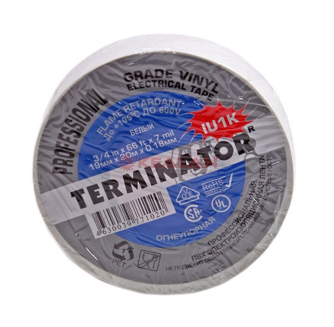 Terminator IU1K white изолента белая ПВХ, огнеупорная, всепогодная, 0,17 мм, 19 мм, 20 м.