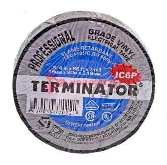 Terminator IC6P изолента черная ПВХ, супер премиум класса, огнеупорная, 0,18 мм, 19 мм, 20 м.