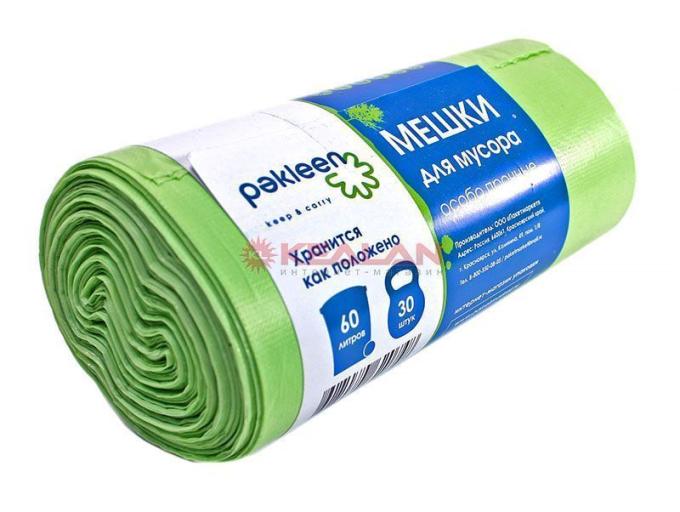 PAKLEEN пакет для мусора зеленый ПНД, 60*80 см, 60 л, 15 мкм, 30 шт.